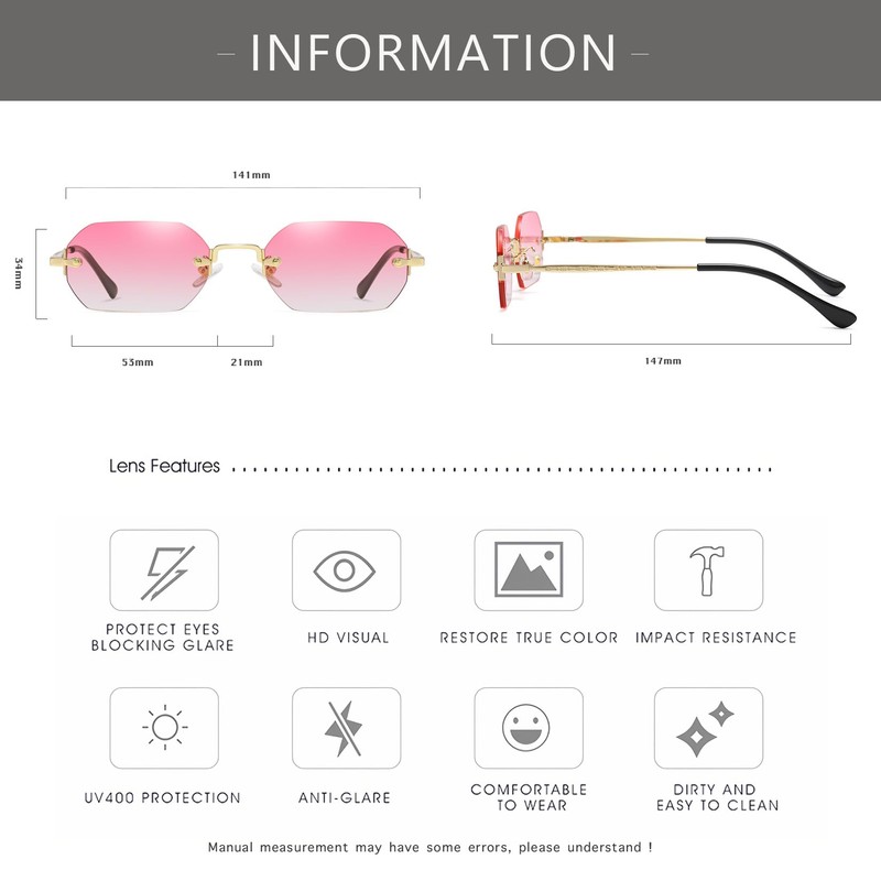 JCTAIFOO Retro Rimless Rectangular Sunglasses Women Men Vintage Slim Rectangular