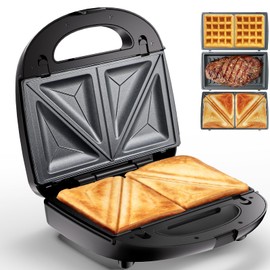 KEENSTAR 3 in 1 Electric Sandwich Maker, Waffle Maker with Removable Non-Stick Plates, Grill with Double-Sided Heating, Easy to Clean and Store, Perfect for Cooking Breakfast, Grilled Cheese and Steak