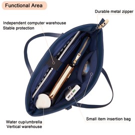 YZAOLL 15.6 Inch Laptop Tote Bag for Women,Water-resistant Vegan Leather with Anti-Scratch Padded Sleeve,Lightweight Multi-Pocket Work Bag for Business Travel,College,Office Essentials,SeaBlue