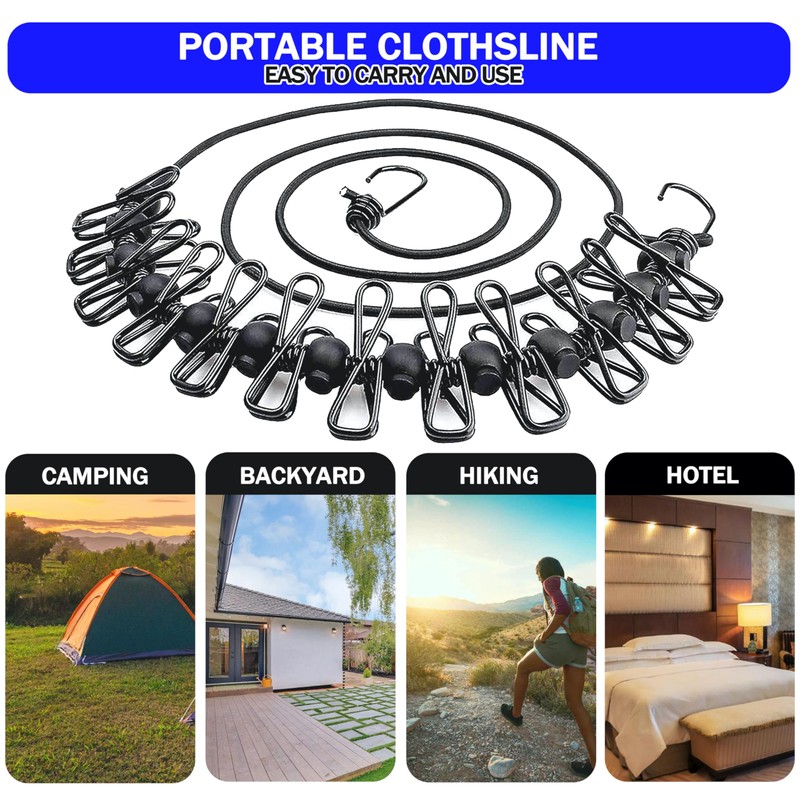 Portable Clothesline with 12 Clothespins, [2 Pack] Gvtech Windproof Travel