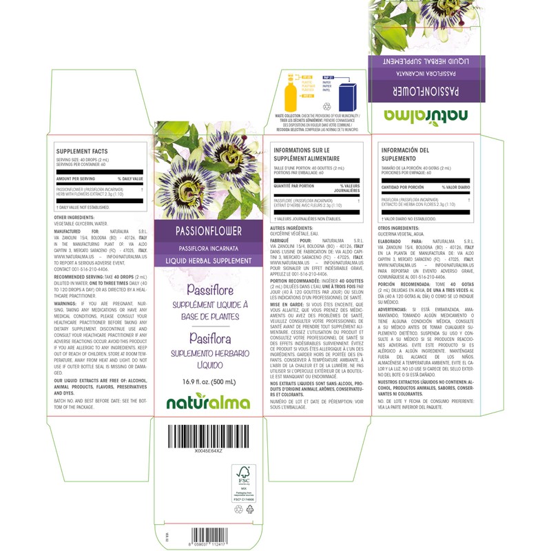 Naturalma Passionflower (Passiflora incarnata) herb with flowers Alcohol-free Tincture -