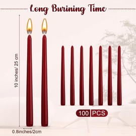 Nuanchu 100 Pcs Wine Red Taper Candles 10 Inch (H) Dripless Tapered Candles Smokeless Long Candles Tall Unscented Dinner Candle for Household Wedding Party Home Decor Candlesticks, Long Burning