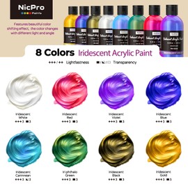 Nicpro 8 Colors Iridescent Acrylic Paint, 8.45oz / 250ml Large Bulk Metallic Acrylic Paint,Color Shifting & Non-Toxic Art Painting Supplies For Canvas Fabric Rock Wood with Color Wheel