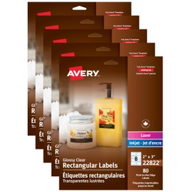 Avery Rectangular Labels, 2" x 3", Glossy Clear, Rectangle, Case Pack of 400 Labels, for Laser/Inkjet Printers, Permanent (500-22822) Made in Canada