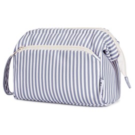 Narwey Large Makeup Bag Wide-Open Zipper Pouch Travel Wash Bag Toiletry Bag Cosmetic Organizer for Women (Greyish Blue Stripe)