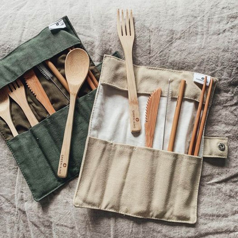 Green + Kind Bamboo Cutlery Roll-Up Set - Olive, 1