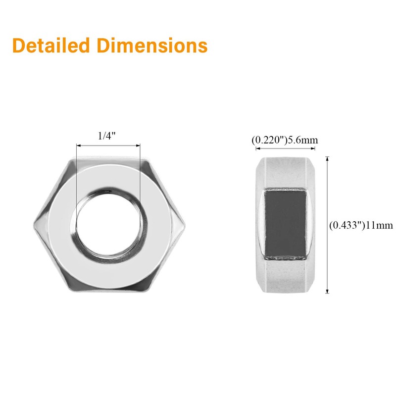 Powlankou 100 Pieces 1/4"-20 Stainless Hex Nut, Stainless Steel (304)