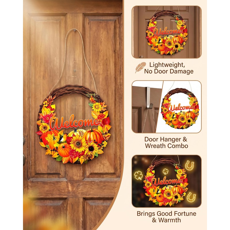 Fall Wreath for Front Door, Wooden Pumpkin Maple Leaf Door