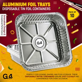 G4GADGET 10 Pack Aluminium Foil Baking Trays - 20x20cm Square Disposable Tin Foil Pans - Ideal for Roasting, Grilling & Batch Cooking