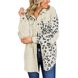 Lucrosun Women's Oversized Blouse Leopard Print Corduroy Shacket Jacket (Beige-XXL)