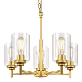 5-Light Chandelier for Dining Room Kitchen Island Modern Farmhouse Pendant Lighting with Clear Glass Shades Industrial Gold Hanging Ceiling Light Fixture for Foyer Living Room, Height Adjustable