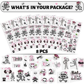 Bad Two The Bone Temporary Tattoos - 160+ Pcs Black Pink Temporary Tiny Stickers Skeleton Skull Vampire Fake Scary Tattoo for Kids 2nd Birthday Party Decorations Girls Adults Supplies