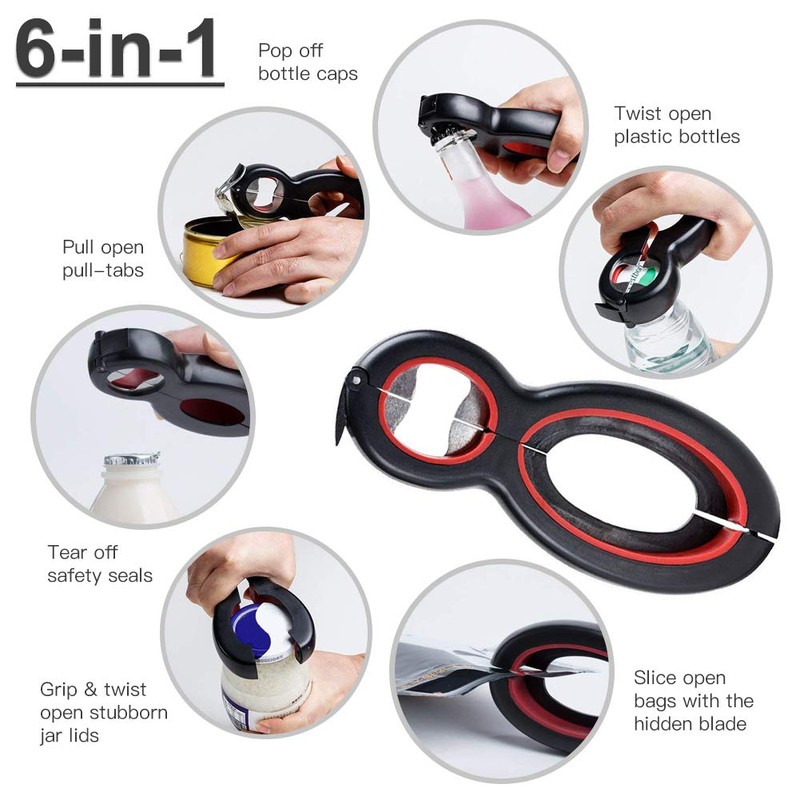 Multi Bottle Opener,Multi-Function Bottle Can and Jar Grip Opener, 5-in-1
