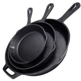 Simple Chef Cast Iron Skillet 3-Piece Set - 12", 10", 8" Heavy Duty Pans - Professional Restaurant Chef Quality Pre-Seasoned Pan Cookware Set