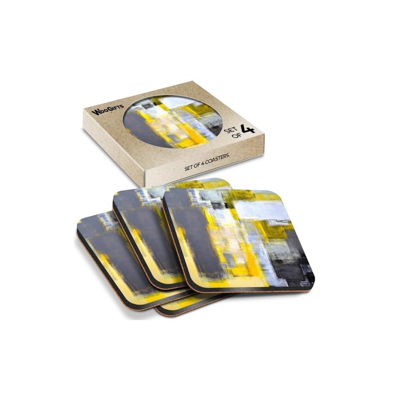 4 x Square Coasters - Grey Yellow Abstract Art Style