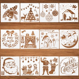 12pcs Christmas Stencils Template, Reusable Plastic Stencils for Art Drawing Painting Spraying Window Door Wall Scrapbook DIY Decoration, 5x5 inch