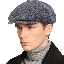 Men’s Woolen Newsboy Cap Tweed Gatsby Ivy Cabbie Flat Golf Hat Present for Fathers Women Unisex, Herringbone Plaid Grey, 7 1/8-7 1/4
