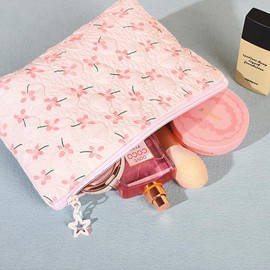 58 PCS Makeup Bag Set,Preppy Aesthetic Cosmetic Bag,with Friendship Bracelets & Preppy Stickers for Women Girls,Flower Travel Toiletry Bag,Make up Brush Storage Bag,Aesthetic Women Handbags Purses