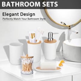 iMucci Bathroom Accessories Set 5 Piece Plastic Bathroom Decor Sets Accessories, Toothbrush Holder, Toothbrush Cup, soap Dispenser, soap Dish(White Bamboo Cover)