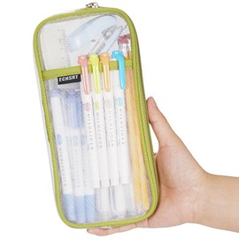 ECHSRT Water-Resistant Mesh Pencil Case with Zipper, Clear Grid Pencil Pouch for School, Office & Travel, 2 Compartments for Pens, Makeup, Art Supplies - Lightweight, Transparent (Green)