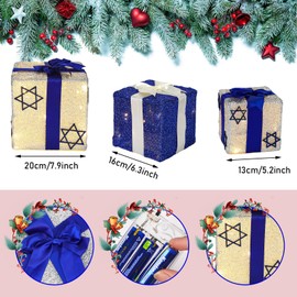 Tenceur Set of 3 Hanukkah Lighted Gift Boxes White and Blue Hanukkah Light up Present Box Hanukkah Decorations Outdoor with Pre Strung Mini String Lights for Party Art Yard Decor, 5.2/6.3/7.9 Inch