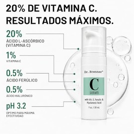 Dr. Brenner Suero de vitamina C 20% puro ácido L-ascórbico, ácido ferúlico, vitamina E y ácido hialurónico para cara y ojos, natural, antienvejecimien