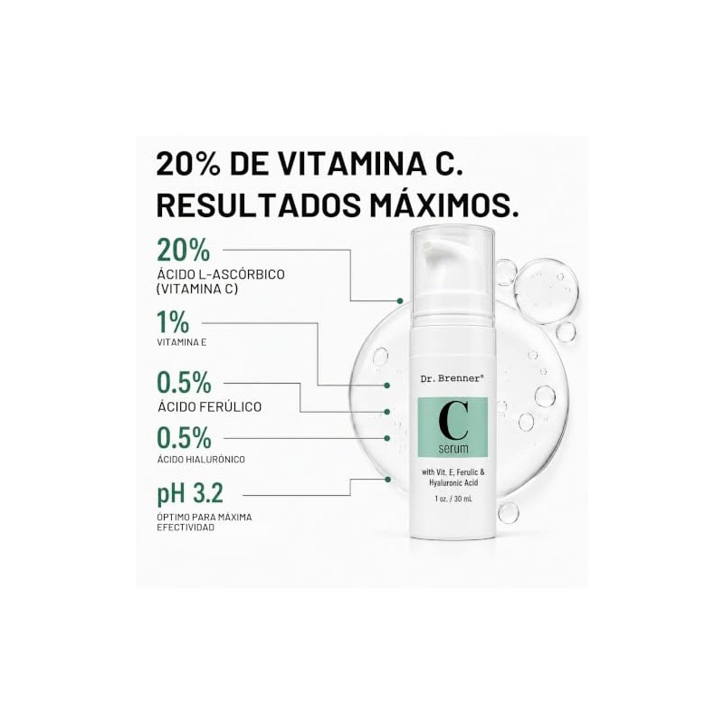 Dr. Brenner Suero de vitamina C 20% puro ácido L-ascórbico,