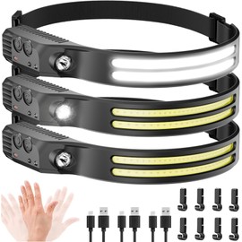 3Pack LED Headlamp Rechargeable - 230° COB Super Bright Head Lights for Forehead, Hard hat Light for Adults, USB C Headband Flashlight for Work, Running, Hunting, Camping Essentials Gear