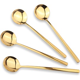 Korean Soup Spoons with Long Handles: 18/10 Stainless Steel 7'' Large Round Soup Spoons,4 Pack Asian Metal Dinner Spoon Set with Round Edge for Coffee,Desserts,Dishwasher Safe (Gold)