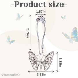Framendino, 12 Pack Butterfly Shower Curtain Hook Stainless Steel Rings Butterflies Pendant Hooks Decorative Decor for Bathroom (Silver)