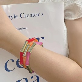 Firstmeet 3pcs Colorful Bamboo Tube Bangle Bracelets Stacking Chunky Acrylic Beads Stretch Gold Bracelet for Women, Medium, no gemstone