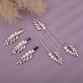 Teyglen 5pcs Bride Wedding Crystal Pearl Hair Pins Clips Set Bridal Pink Rhinestone Hairpins Hair Barrettes Handmade Pearl Hair Piece Wedding Hair Accessories for Women Girls (Pink)