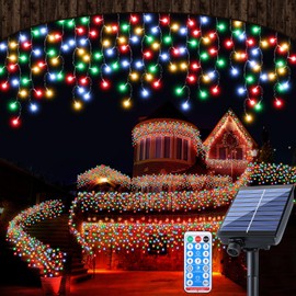 Retisee 65ft Colorful Solar Icicle Christmas Light for Outdoor Decorations 600 LED Waterproof Xmas Curtain String Light Solar Powered Icicle String Lights for Outside Indoor Yard Porch Hanging Decor