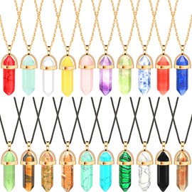 20 Pieces Hexagonal Crystal Necklaces Bullet Shape Gemstone Pendant Necklaces Quartz Stone Chain Necklaces with 20 Inch Chain and 18 Inch Leather Cords for Women (Stylish Style)