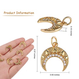 COGCHARGER 6 Pcs Brass Moon Cubic Zirconia Charm Pendants Brass Moon Charm Crescent Moon Charm with Jump Ring for Jewelry Earring Making