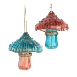 The Bridge Collection Set of 2 Beautiful Woodland Mushroom Ornaments - 3.6" Teal and Rose Colored Toadstool Mushrooms - Nature Holiday Décor