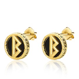 KINGWHYTE Viking Rune Earrings 925 Sterling Silver Black Onyx Stud Earring Plated Gold Small Hypoallergenic Ear Jewellery for Men Women(Berkana)