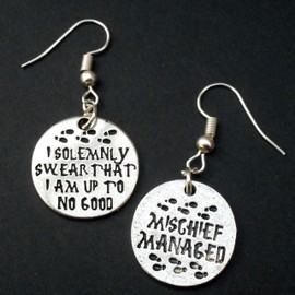 I Solemnly Swear and Mischief Managed Charms Asymmetrical Earrings, Teacher Geek Magic Jewelry Gift