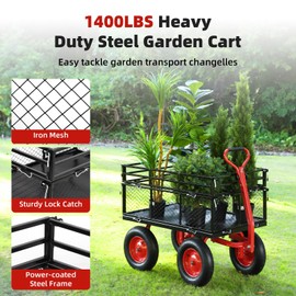 Steel Garden Wagon Cart, Heavy Duty 1400 lbs Capacity, with Removable Mesh Sides to Convert into Flatbed, Utility Metal Yard Wagon with 2-in-1 Handle and 16 in Tires, Perfect for Garden, Farm, Yard