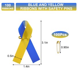 CRAFFANCY 100 Pcs Blue&Yellow Ribbon Pins, Satin Ribbon Pin Down Syndrome Awareness Badge Brooch with Safety pins for Women & Men Event Decoration