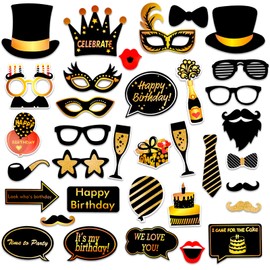 Qpout Birthday Photo Booth Props (35 Count), Black and Gold Birthday Photo Props for Kids Adults Birthday Party Funny Chic Selfie Props, with Bamboo Sticks& Stickers