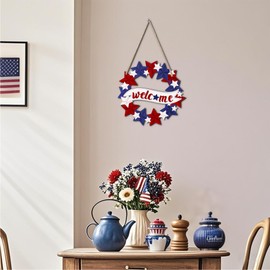 4th of July Decorations Welcome Wreath for Front Door Wooden Red White and Blue Star Independence Day Sign, Patriotic Memorial Day Wooden Hanging Sign Porch Home Wall Outside Decor (D-Blue)