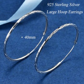 Loutade Silver Hoop Earrings for Women, 925 Sterling Silver Large Hoop Earrings, 40mm Lightweight Big Round Huggie Earrings, Hypoallergenic Shiny Starburst Circle Endless Dainty Silver Hoops Earrings