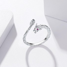 Qings Animal Rings 925 Sterling Silver Dragon / Dinosaur / Cat / Bird Flower Open Adjustable Ring Cute Animal Jewellery Gift for Women, Sterling Silver, No Gemstone