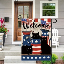 Dlzdn 4th of July Patriotic Black Cat Garden Flag 12x18 Inch Double Sided Vertical Burlap Independence Day Memorial Day Outdoor Yard Flag