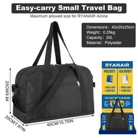 Fentar Ryanair Sports Bag, Small, 20 L Waterproof Travel Bag, Hand Luggage, 40 x 20 x 25 cm, Hand Luggage Bag, Small Travel Bag, Men's Gym Bag, Sports Bag for Weekender Women and Men, black, gym bag