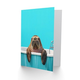 Artery8 Greeting Card Bath Time Cute Walrus in Bathtub Vibrant Fun Blank For Him Or Her Art Birthday Card
