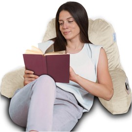 ComfortSpa Reading Pillow for Bed Adult Size, Back Rest Pillow with Arms, Pockets and Washable Cover; Use as a Back Pillow for Sitting in Bed for Bedrest or Relief from GERD Heartburn (Large Cream)