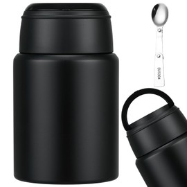 Aimsnk 17oz Soup Thermo for Hot Food Kids Insulated Food Jar,Thermo Hot Food Lunch Container, Width Mouth Stainless Steel Lunch Box for Kids with Handle Folding Spoon(Black-Pure)