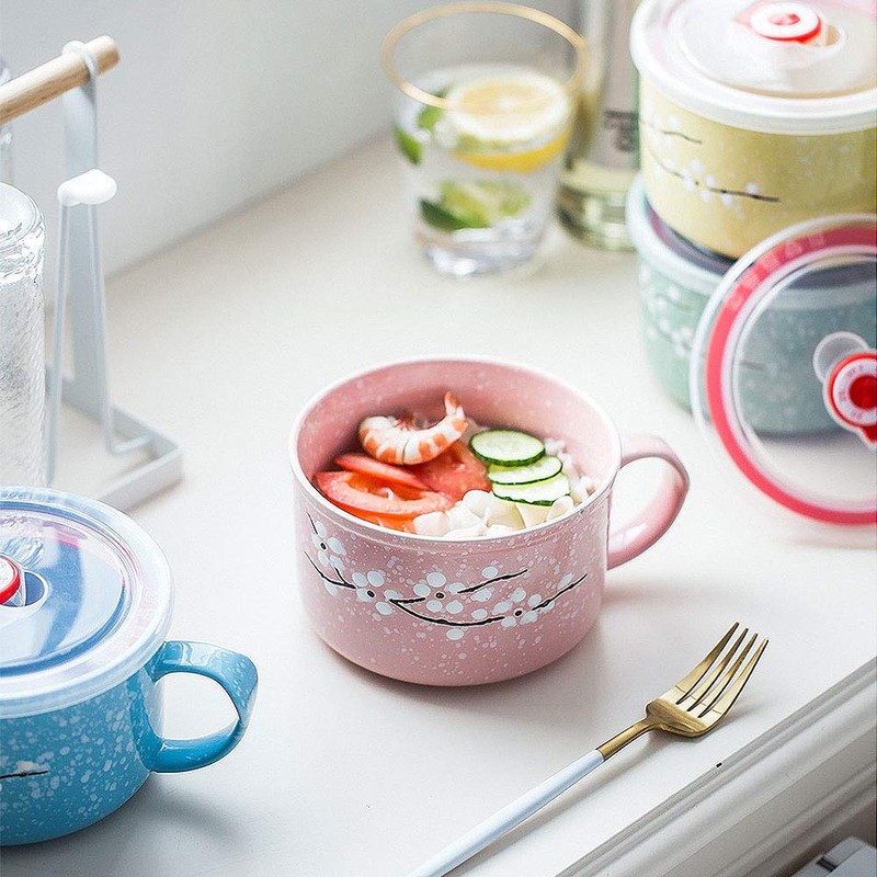 VanEnjoy 30oz Ceramic Bowl Set with Lid & Handle,Cherry Blossoms